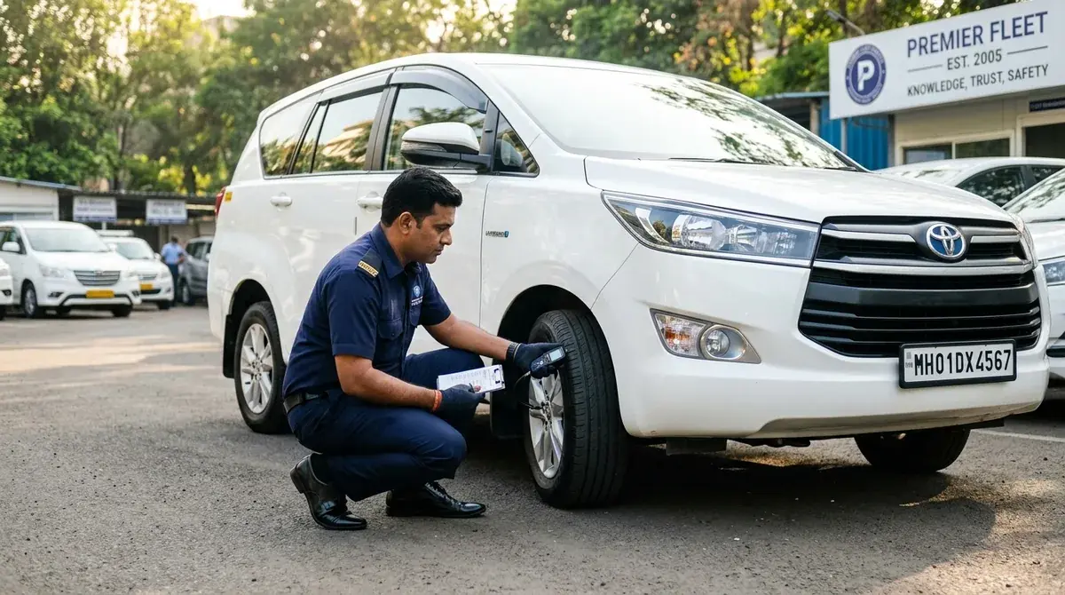 Chauffeur conducting pre-trip vehicle safety inspection